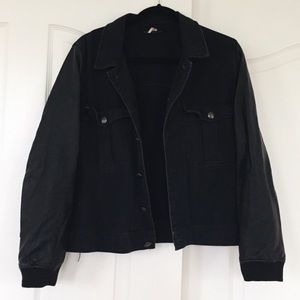 Free people black leather sleeved denim jacket
